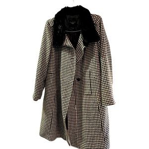 Talbots black and white checkered faux fur trench coat SZ 14W
